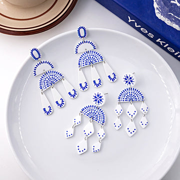 Blue White Porcelain Acrylic Geometric Chandelier Drop Earrings