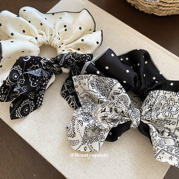 Cream Polka Dot Scrunchie with Black Bandana Bow Tie