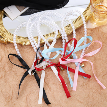 Faux Pearl Choker Necklaces Satin Ribbon Bow Gold Heart