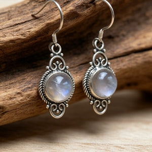 Milky White Round Cabochon Silver Tone Hook Earrings