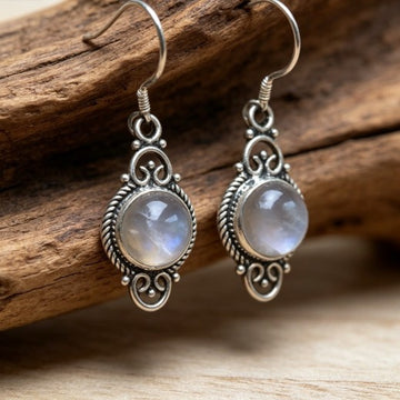 Milky White Round Cabochon Silver Tone Hook Earrings