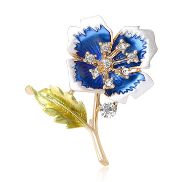 Gold Enamel Flower Stem Rhinestone Brooch Blue Pink