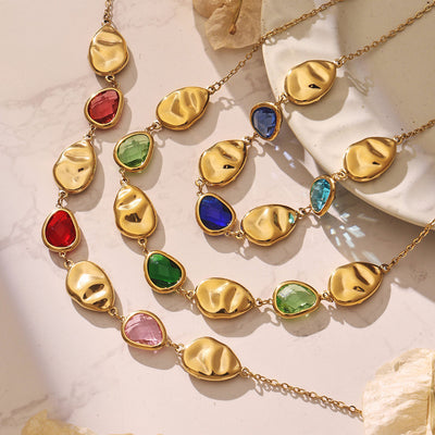 Assorted red blue green glass freeform gold station necklaces