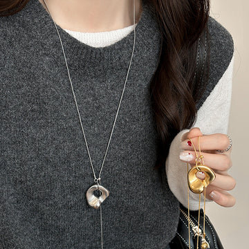 Abstract Ring Long Lariat Necklace In Gold And Silver Tones