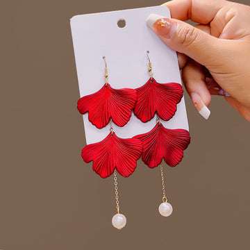 Deep Red Layered Ginkgo Leaf Pearl Look Drop Earrings