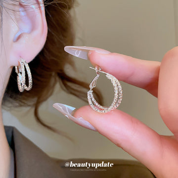 Silver Tone Double Textured Hoop Leverback Earrings