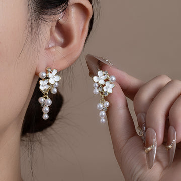 White Flower and Pearl Look Cluster Drop Stud Earrings