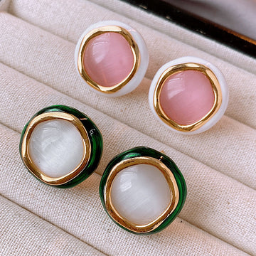 Green And Gold Rim Round Stud Earrings With White Centers