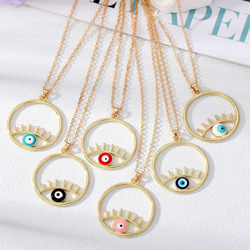 Gold Tone Open Circle Lash Evil Eye Pendant Necklaces