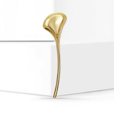 Front view showing the long polished ginkgo leaf stick pin in two metal finishes