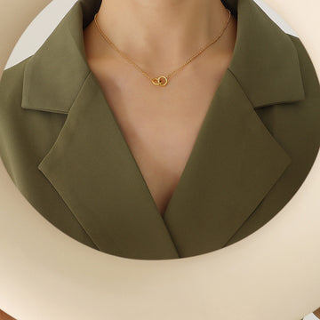 Gold Interlocking Double Ring Pendant Necklace Metal Alloy
