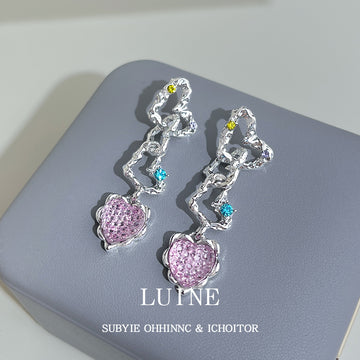 Silver Heart Chain Pink Glitter Heart Drop Earrings Long
