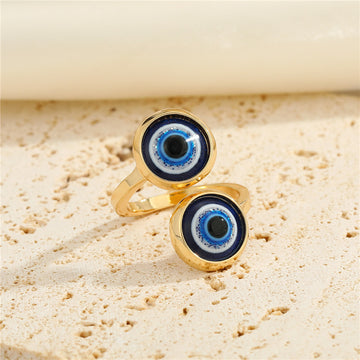 Double Blue Evil Eye Adjustable Open Rings in Gold and Silver Tone