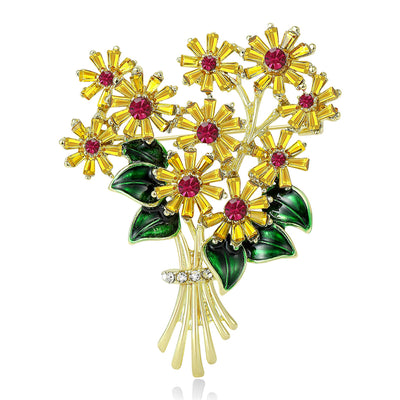 Gold-tone chrysanthemum bouquet brooch with yellow rhinestone petals and green leaves