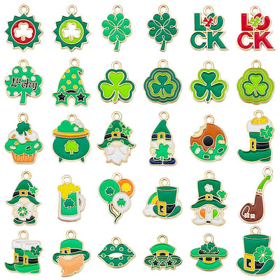 Colorful clover charms arranged on a light background