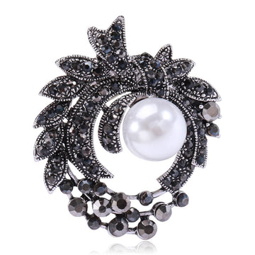 Black Floral Leaf Brooch with Faux Pearl Center Decorative Lapel Pin