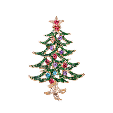 Green Gold Tone Christmas Tree Crystal Enamel Two Designs Metal Brooch Pin