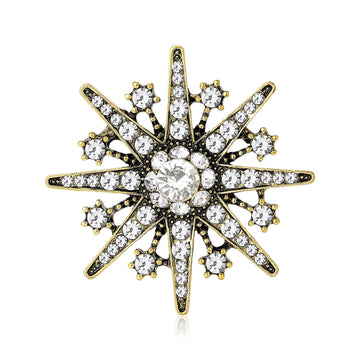 Rhinestone Snowflake Brooch Silver or Antique Gold Clear Stones