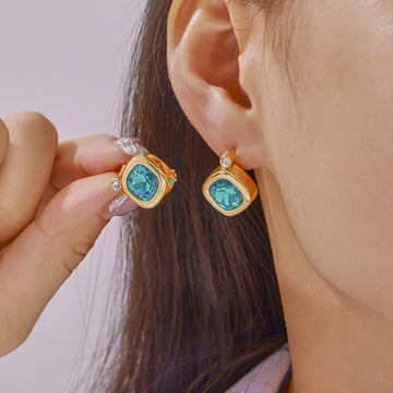 Gold Copper Cushion Zircon Stud Earrings Pendant Necklace Set