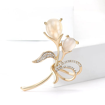 Shell Effect Flower Bud Branch Brooch With Crystal Bow