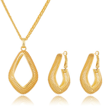 Gold Tone Gold Open Teardrop Irregular Metal Necklace and Earring Set