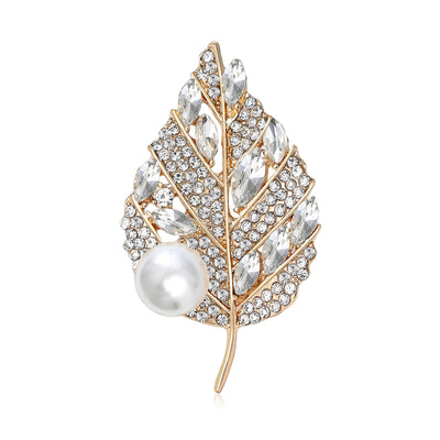 Front view of the crystal leaf brooch with pearl accent in gold and silver brooch and its color options