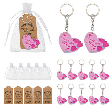 Pink Heart I Love You Mom Keychain, Single Or Organza Bag And Thank You Tag Set