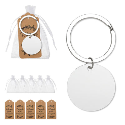 Blank round disc keychain with organza bags and kraft thank-you tags