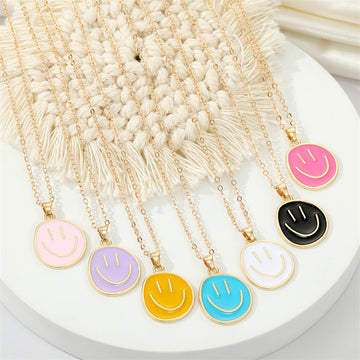 Gold Tone Colorful Enamel Oval Smiley Face Pendant Necklaces