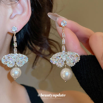 Champagne Crystal Butterfly and Faux Pearl Drop Stud Earrings