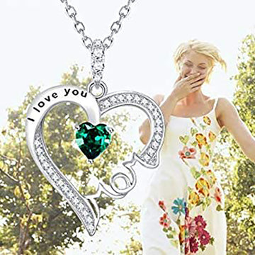 Silver Tone Double Heart Green Crystal Pendant Necklace
