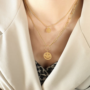Double Layer Smiley Face Good Luck Pendant Necklace Gold Steel