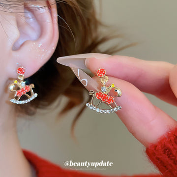 Red Rocking Horse Crystal Drop Earrings with Gold Tone Studs