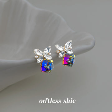 Silver Tone Clear Leaf And Multicolor Faceted Crystal Stud Earrings