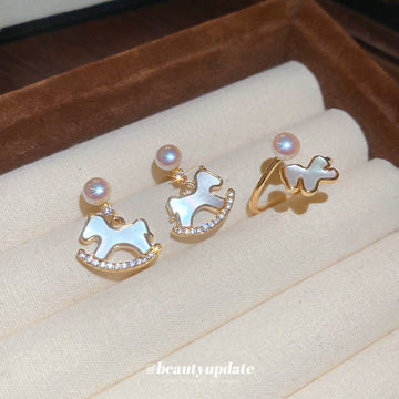 Gold Pearl Rocking Horse Drop Earrings Open Horse Ring