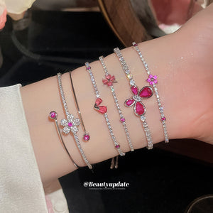 Silver Magenta Crystal Flower Butterfly Bracelets Cuffs