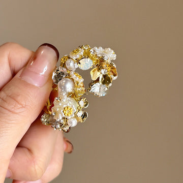 Gold Tone Floral Crystal Pearl Cluster Hoop Earrings