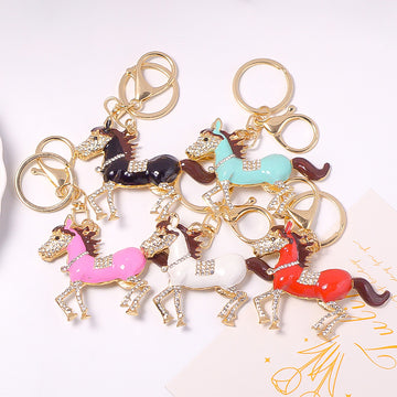 Enamel Running Horse Keychain Rhinestone Accents Five Colors