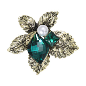 Antique Gold-Tone Leaf Flower Brooch with Faceted Crystals and Pearl