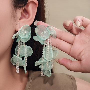 Mint Chiffon Look Flower Pearl Bead Statement Earrings