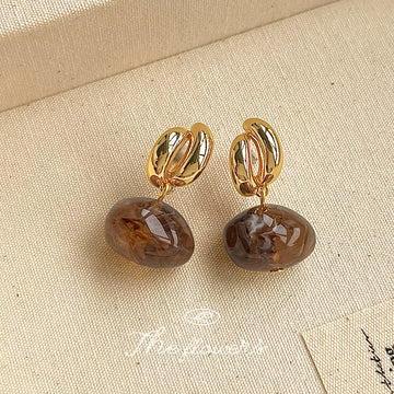 Gold-Tone Bean Stud Amber Marbled Oval Drop Earrings