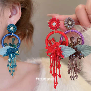 Colorful Floral Hoop Tassel Statement Stud Earrings