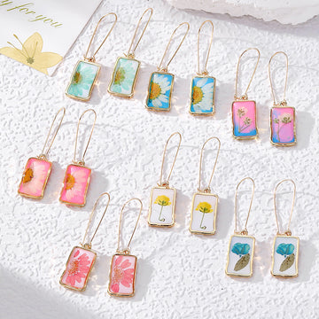 Rectangular Gold Pressed Flower Drop Earrings 7 Styles