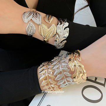Metal Leaf Open Cuff Bracelets Gold Silver Five Styles
