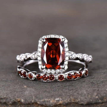 Deep Red Rectangular Halo Two-Ring Set In Silver Tone