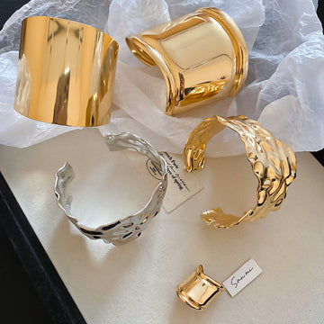 Wide Metal Open Arm Cuff Bracelet Crumpled Smooth Gold Silver