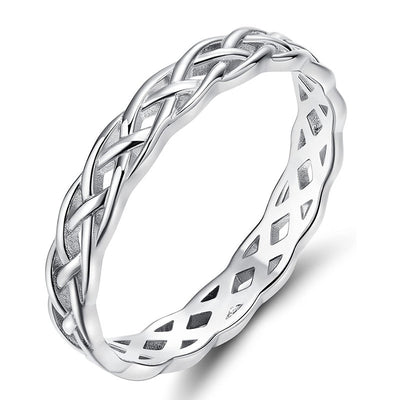 Additional product view showing slim silver-tone woven lattice band ring