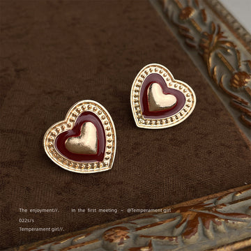 Gold Wine Red Enamel Heart Stud Earrings Beaded Border