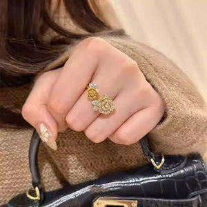 Gold Tone Open Ring With Large Crystal Rose And Small Rose End