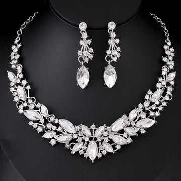 Black Silver Tone Crystal Leaf Cluster Crystal Six Designs Metal Necklace and Earring Set